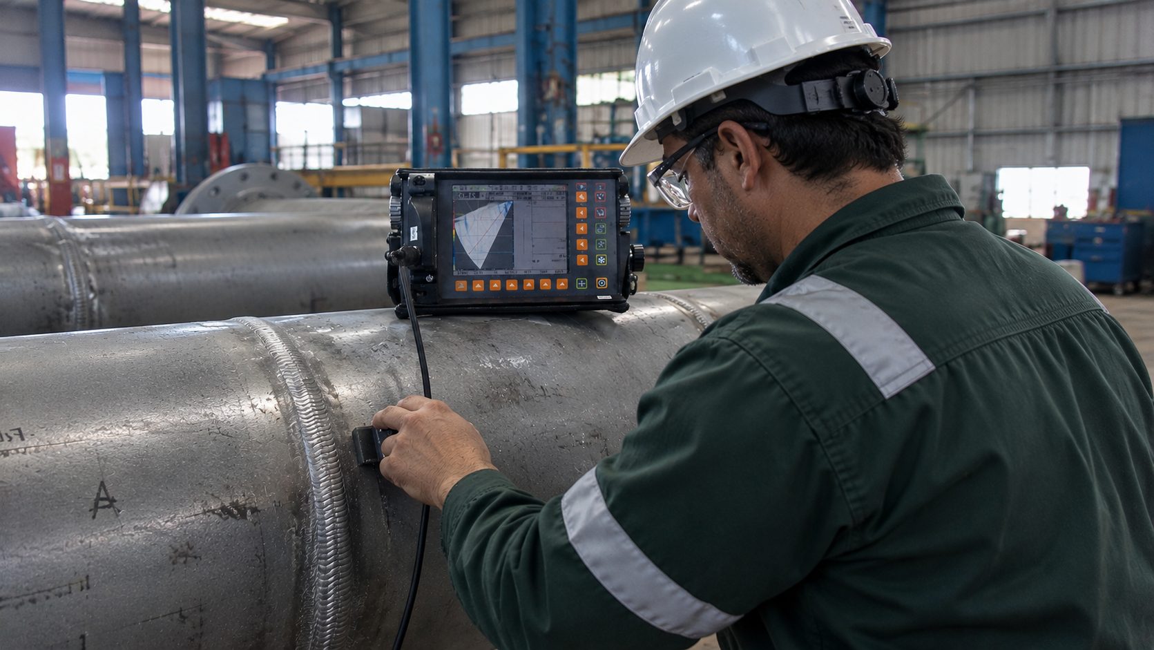Inspetor realizando ensaio de ultrassom industrial em solda de tubulação